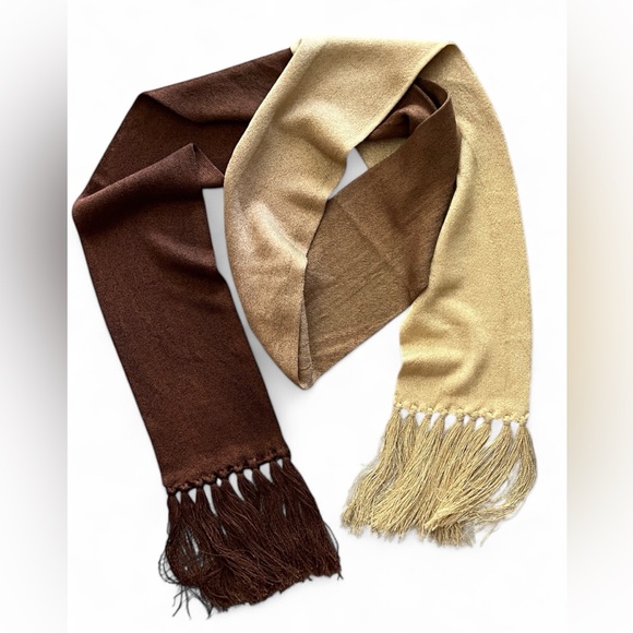Vintage Accessories - VINTAGE SCARF 80s Ombre 3-tone Tan Brown and Cream Knit Jersey w Fringe